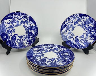 Set of 8 Royal Crown Derby "Mikado" Salad Plates - 8.5" Blue and White Scalloped Edge - Vintage English Fine Bone China - Replacements