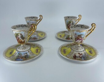 Vintage Austrian Porcelain Demitasse Set - Set of 4 Cups & Saucers - Fragonard Courting Couples - Gilded Gold Accents - Rare Yellow Panels