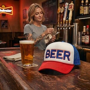 May include: A trucker cap featuring a white front panel with the word BEER printed in bold blue letters, a red brim, and blue mesh back panels. The cap is positioned on a wooden bar top next to a glass of beer in a dimly lit tavern setting.