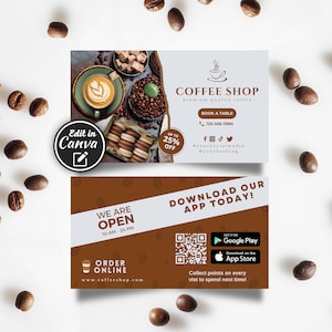 Plantilla de tarjeta de presentación de cafetería elegante / Diseño de Canva editable / Tarjeta de café DIY imprimible