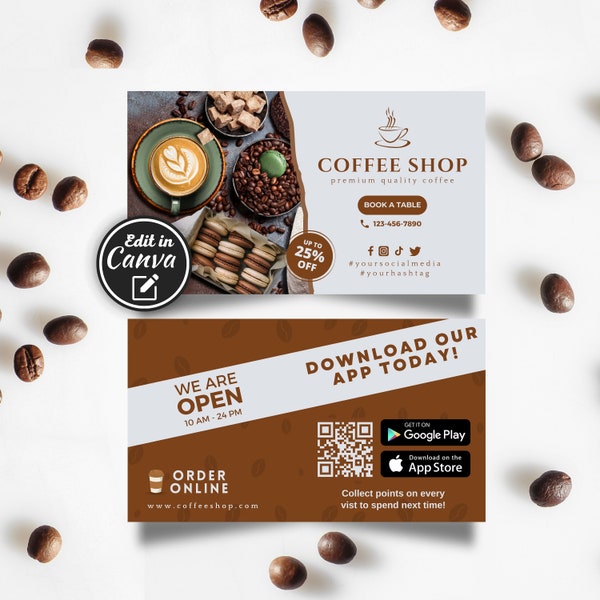 Elegant Coffee Shop Business Card Template | Editable Canva Design | Printable DIY Cafe Card