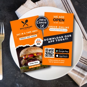 Sjabloon voor restaurant visitekaartjes, app downloaden QR-code moderne kaart, foodservice marketing, doe-het-zelf bewerkbare telefoonkaart voor kleine bedrijven Canva