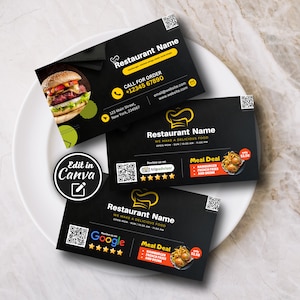 2x Restaurant Visitenkarten Template, Google & Trip Advise QR Code, Food Service Print Marketing, Small Business Calling Card Canva
