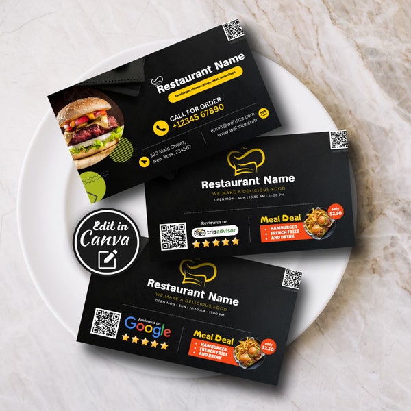 2x Restaurant Business Card Template, Google & TripAdvisor Review QR Code, Food Service Print Marketing, Small Business Calling Card Canva