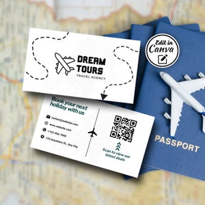 Modelo de cartão de visita para agente de viagens, cartão de férias moderno com código QR, cartão de voos para reserva de turismo para pequenas empresas imprimíveis, cartão Canva editável