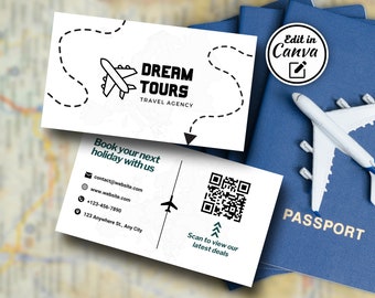 Travel Agent Business Card Template: Modern QR Code, Editable Canva Design