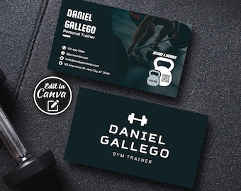 Plantilla de tarjeta de presentación de fitness: Diseño moderno de entrenador de gimnasio (Canva editable)