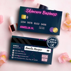 Plantilla de tarjeta de crédito comercial digital de belleza, tarjeta imprimible moderna de bricolaje, salón de cuidado de la piel de pestañas de uñas para pequeñas empresas, plantilla Canva de edición rosa