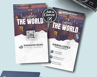 Travel Agent Business Card Template: Modern QR Code, Editable Canva Design