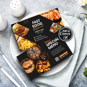 Sjabloon voor restaurant visitekaartjes, QR-code moderne afdrukbare kaart, Food Service Marketing, DIY bewerkbare visitekaartje voor kleine bedrijven Canva
