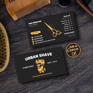 Modelo de cartão de visita de barbeiro, cartão de cabeleireiro moderno DIY, pequena empresa imprimível, lista de preços de beleza para cuidados com os cabelos, cartão editável em Canva