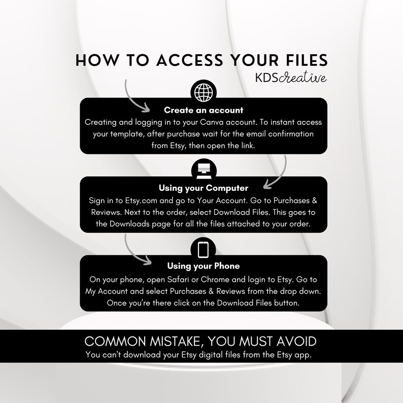 May include: A black and white infographic with the title "How to Access Your Files" and the text "KDScreative". The infographic provides instructions on how to access digital files purchased from Etsy using a computer, phone, or by creating an account. It also includes a common mistake to avoid: downloading Etsy digital files from the Etsy app.