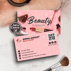 Beauty Digital Visitenkarte Vorlage, DIY QR Code Moderne druckbare Karte, Small Business Nagel Wimpern Make-up Salon, bearbeitbare Canva Vorlage