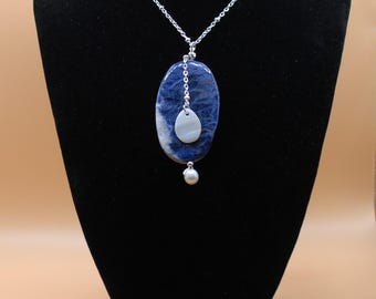 Sodalite and Freshwater Pearl with Shell Charm Pendent