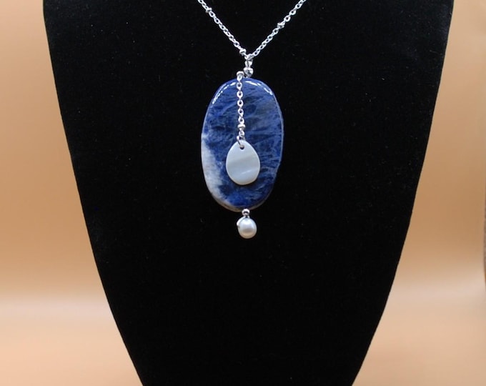 Sodalite and Freshwater Pearl with Shell Charm Pendent