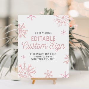 Op de afbeelding: Een 20,3 x 25,4 cm verticaal, printbaar bord met een roze sneeuwvlokkenontwerp. Het bord zegt "Bewerkbaar aangepast bord" en "Personaliseer en print onbeperkt veel borden met je eigen tekst!"