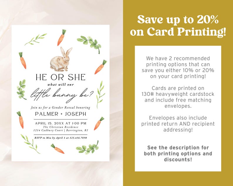 He or She Little Bunny Gender Reveal Party Invitation, Editable Canva Template, Neutral Spring Greenery, Instant Download Invite | PALMER image 4