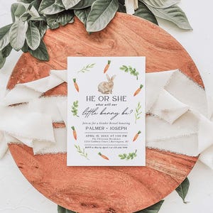 He or She Little Bunny Gender Reveal Party Invitation, Editable Canva Template, Neutral Spring Greenery, Instant Download Invite | PALMER image 7