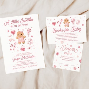 GINGER | A Little Sweetie Pastel Pink Gingerbread Winter Christmas, Baby Girl Shower Invitation Book Diaper Set Digital Download Editable