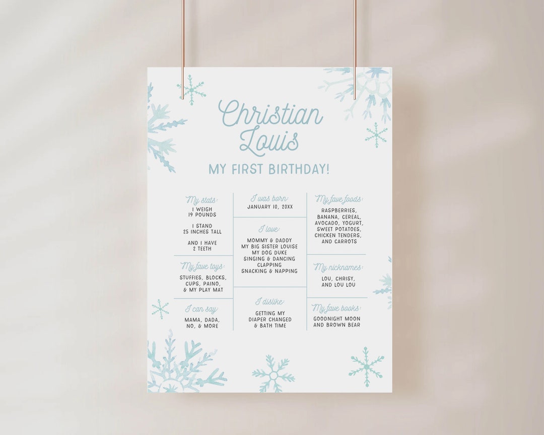 NIVIA | First 1st Birthday Milestone Stats Board Sign, Winter Blue ...