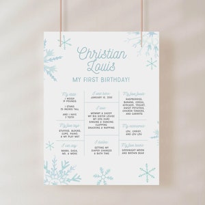 Op de afbeelding: Een blauwe en witte printbare mijlpaalposter voor de eerste verjaardag met sneeuwvlokken. De poster bevat de naam Christian Louis en details over het eerste jaar van het kind, waaronder gewicht, lengte, favoriete eten, speelgoed, boeken en activiteiten.