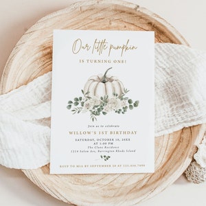 May include: A white pumpkin with green leaves and white flowers, with the text "Our little pumpkin is turning one!" and details for a first birthday party. The party is on Saturday, October 10, 20XX at 1:00 PM at The Clune Residence, 1214 Salem Ave, Barrington Rhode Island. RSVP to Mia by September 20 at 123.456.7890.