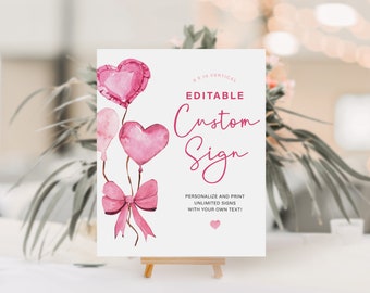 ROSA | Alla hjärtans dag februari rosa pastellfärgade hjärtan flicka födelsedagsfest skylt redigerbar mall gåvor kort gåvor direkt digital nedladdning