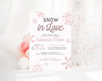 NIVIA | Editable Snow in Love Winter Bridal Shower Pink Invitation Template Snowflakes, Instant Digital Download Editable Printable Invite