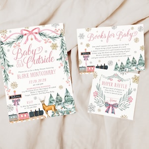 BLAKE | Pastel Pink Winter Christmas Little Snowflake Baby Girl Shower Invitation Book Diaper Set Template Instant Digital Download Editable