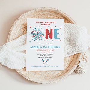 SAMUEL | Firecracker ONE Red White Blue 4th of July Patriotic Independence 1st Birthday Invitation Template Instant Download Editable Invite