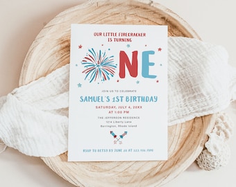 SAMUEL | Firecracker ONE Red White Blue 4th of July Patriotic Independence 1st Birthday Invitation Template Instant Download Editable Invite