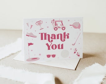 GEOFF | Golf Hole-in-One Fore Par-Tee Masters Girl Pink Folded Thank You Card Birthday Baby Template Instant Digital Download Editable