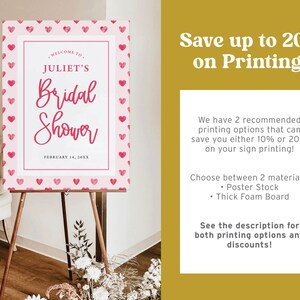 K&ouml;nnte beinhalten: Ein rosa-wei&szlig;es Schild f&uuml;r eine Brautparty mit einem Aquarell-Herz-Muster und dem Text "WELCOME TO JULIET'S BRIDAL SHOWER FEBRUARY 14, 20XX".