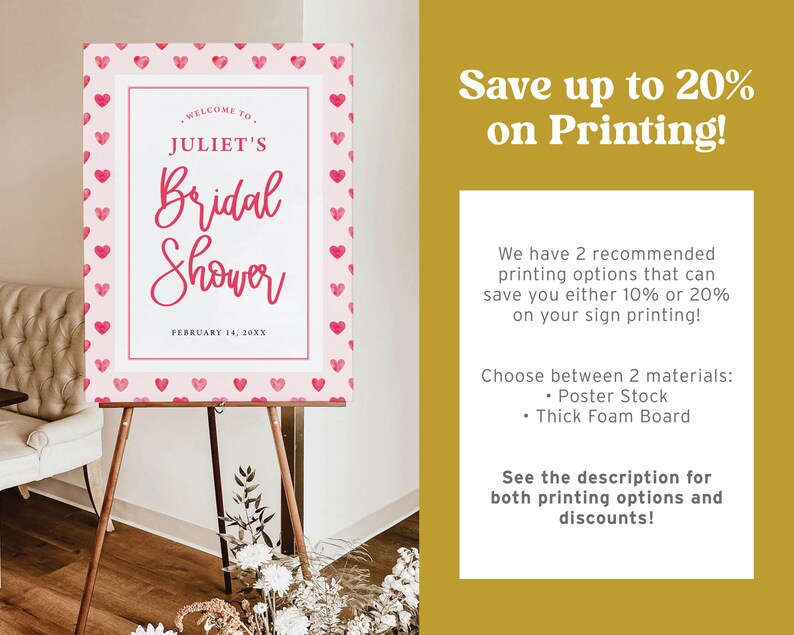 K&ouml;nnte beinhalten: Ein rosa-wei&szlig;es Schild f&uuml;r eine Brautparty mit einem Aquarell-Herz-Muster und dem Text "WELCOME TO JULIET'S BRIDAL SHOWER FEBRUARY 14, 20XX".