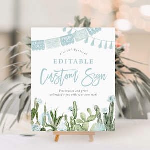SOFIA | Fiesta Cactus Taco blauw bloemen groen meisje jongen verjaardagsfeestje teken bewerkbare sjabloon gunsten kaarten geschenken Instant Digitale download