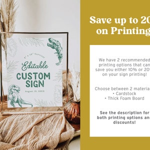 May include: Editable custom sign with a dinosaur illustration. The sign is 8 x 10 inches and is vertical. The sign is in a gold frame and is sitting on a wooden table. The text on the sign says "Editable Custom Sign" and "August 15, 20XX".