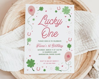 FIONA | Lucky ONE St. Patrick's Day Pink Girl First 1st Birthday Party Invitation March Shamrocks Template Instant Download Editable Invite