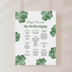 RORY | First 1st Birthday Milestone Stats Board Sign, St. Patrick's Day Shamrock March Boy Girl Template, Instant Digital Download Editable