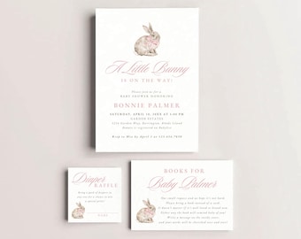 Little Bunny Baby Shower Invitation, Editable Canva Template, Pink Girl Easter, Book Request Diaper Raffle, Instant Download Invite | BONNIE