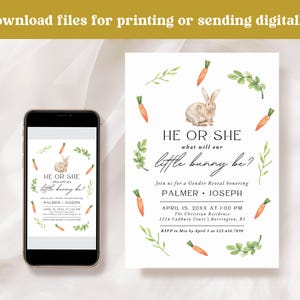 He or She Little Bunny Gender Reveal Party Invitation, Editable Canva Template, Neutral Spring Greenery, Instant Download Invite | PALMER image 3