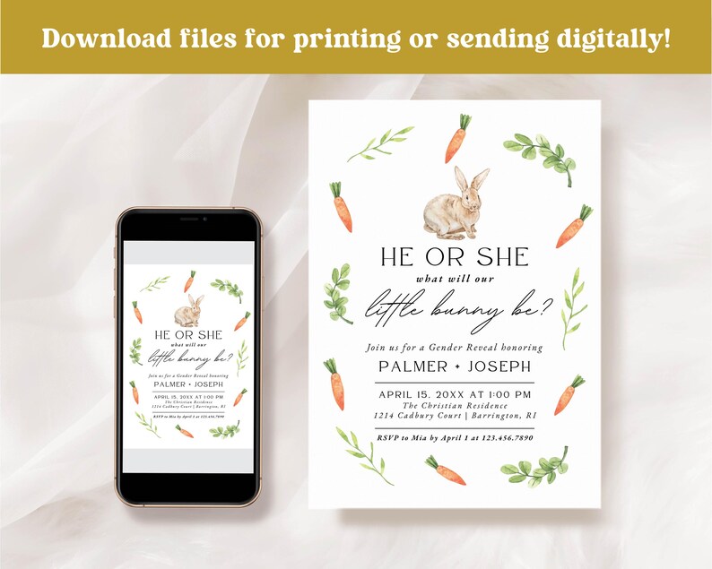 He or She Little Bunny Gender Reveal Party Invitation, Editable Canva Template, Neutral Spring Greenery, Instant Download Invite | PALMER image 3