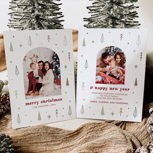 JUNIPER | Delicate Christmas Trees Multiple Photo Collage Holiday Card Minimalist Family Card, Instant Download Editable Template, H037