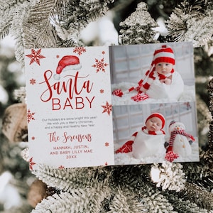 Santa Baby New Baby Announcement Editable Snowflakes Santa Hat Photo Holiday Christmas Card, Instant Download, DIY Printable Template, H007