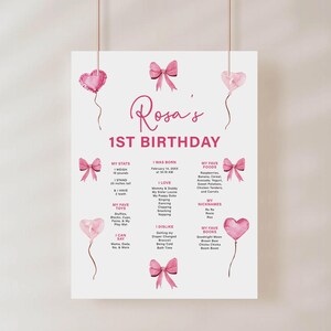 ROSA | First 1st Birthday Milestone Stats Board Sign, Pink Balloon Hearts Valentine&#39;s February Template, Instant Digital Download Editable