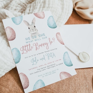 LOLA | Er oder Sie Kleiner Hase Frühling Ostereier Rosa Blau Gender Reveal Party Einladung Bearbeitbare Vorlage Digitaler Download Einladen