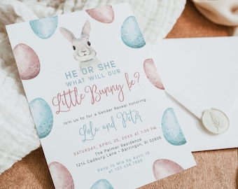 LOLA | He or She Little Bunny Rabbit Spring Easter Eggs Pink Blue Gender Reveal Party Invitation Editable Template Digital Download Invite