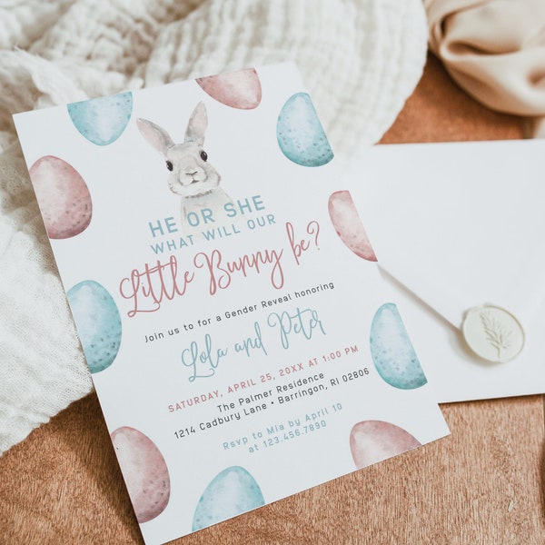 LOLA | He or She Little Bunny Rabbit Spring Easter Eggs Pink Blue Gender Reveal Party Invitation Editable Template Digital Download Invite