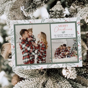 PALMER | Greenery Foliage Multiple Photo Collage Holiday Card Minimalist Family Christmas Card, Instant Download Editable Template, H034