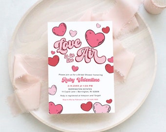 RUBY | Showered with Love in the Air Valentine's Day February Hearts Bridal Shower Invitation Template, Instant Download, Editable Invite