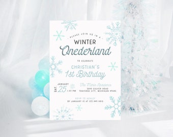 May include: A white invitation with blue snowflakes and text that reads "Please join us in a Winter Onederland to celebrate Christian's 1st Birthday". The invitation includes the date, time, and location of the party.